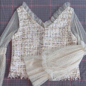 Elegant Cream Tweed Top with Sheer Sleeves
